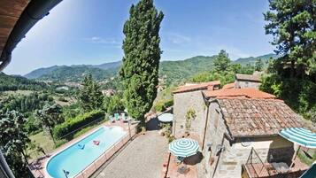 Seasonal outdoor pool, open 9:00 AM to 7:30 PM, pool umbrellas
