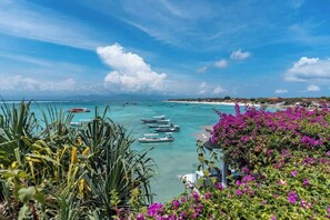 Une vue sur la côte, avec des bateaux, une eau cristalline et une plage parsemée de fleurs violettes.