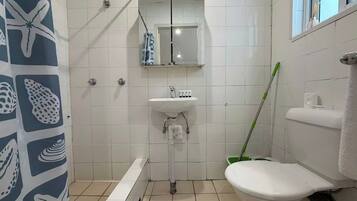 Shower, hair dryer, shampoo
