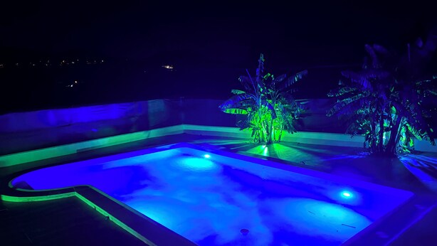 Una piscina iluminada con luces azules, rodeada por un muro bajo y palmeras.