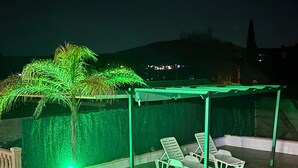 Un patio en la azotea con una pérgola, sillones de descanso y una palmera.