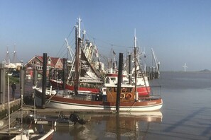 Ein großes Fischerboot liegt in einer Marina vor Anker, im Hintergrund ist ein Gebäude mit der Aufschrift 'Fischhaus' zu sehen.