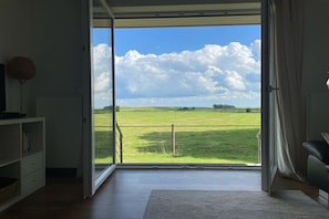 Ein Zimmer mit einer großen Schiebeglasdoor, die auf ein grünes Feld führt, einem weißen Schrank und einem schwarzen Sessel.