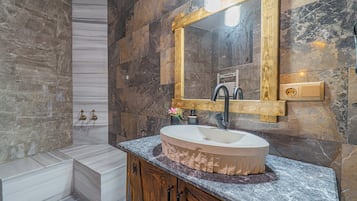 Hair dryer, towels, soap