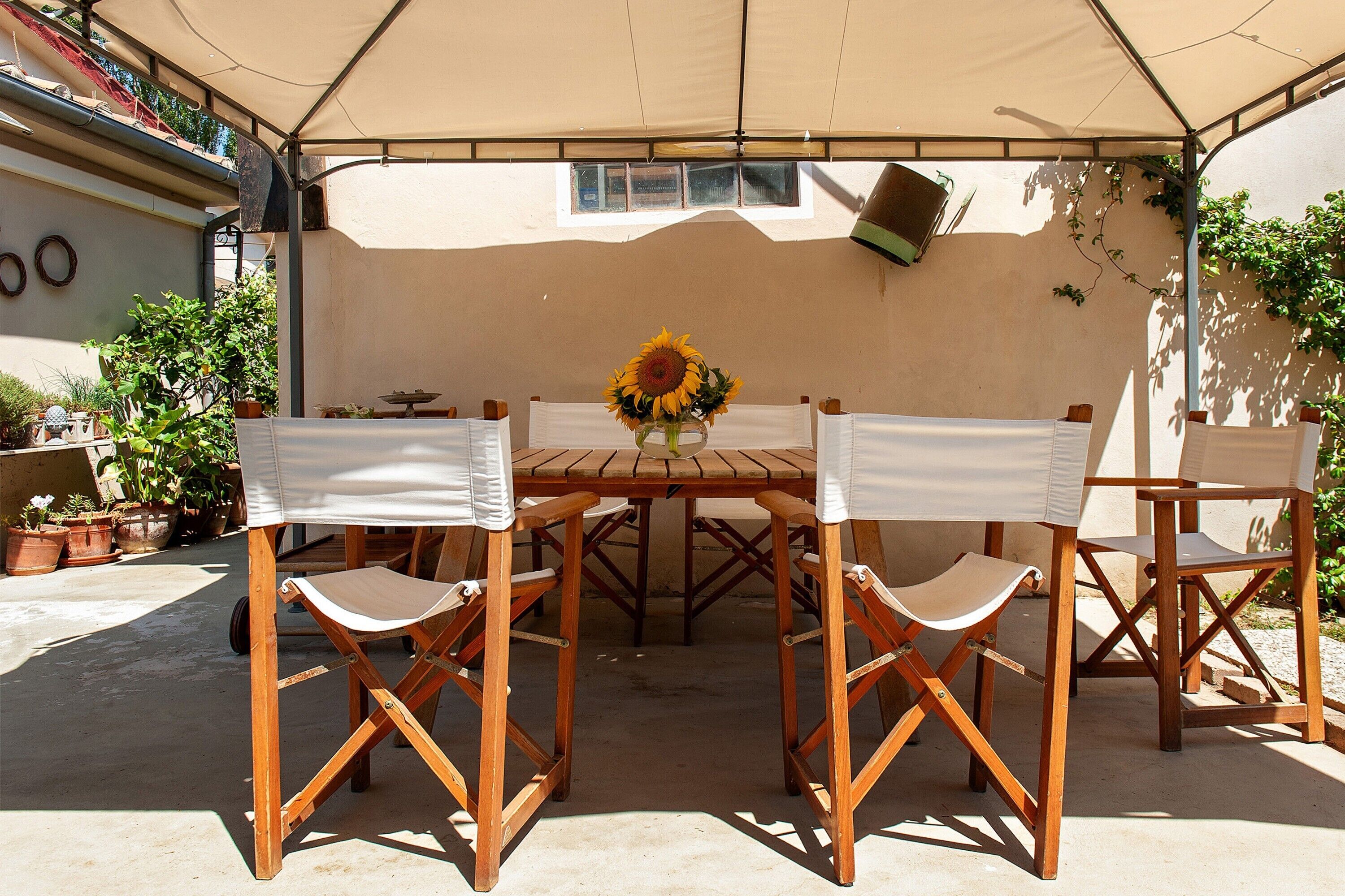 Eine überdachte Terrasse mit Holztisch und vier Stühlen, umgeben von Kübelpflanzen.