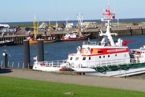 Ein Hafen mit Booten, darunter ein Boot namens 'VORMANN STEFFENS', das an einer Pier mit einer Grünfläche im Vordergrund liegt.