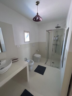 Secadora de cabello, toallas, jabón, papel de baño 