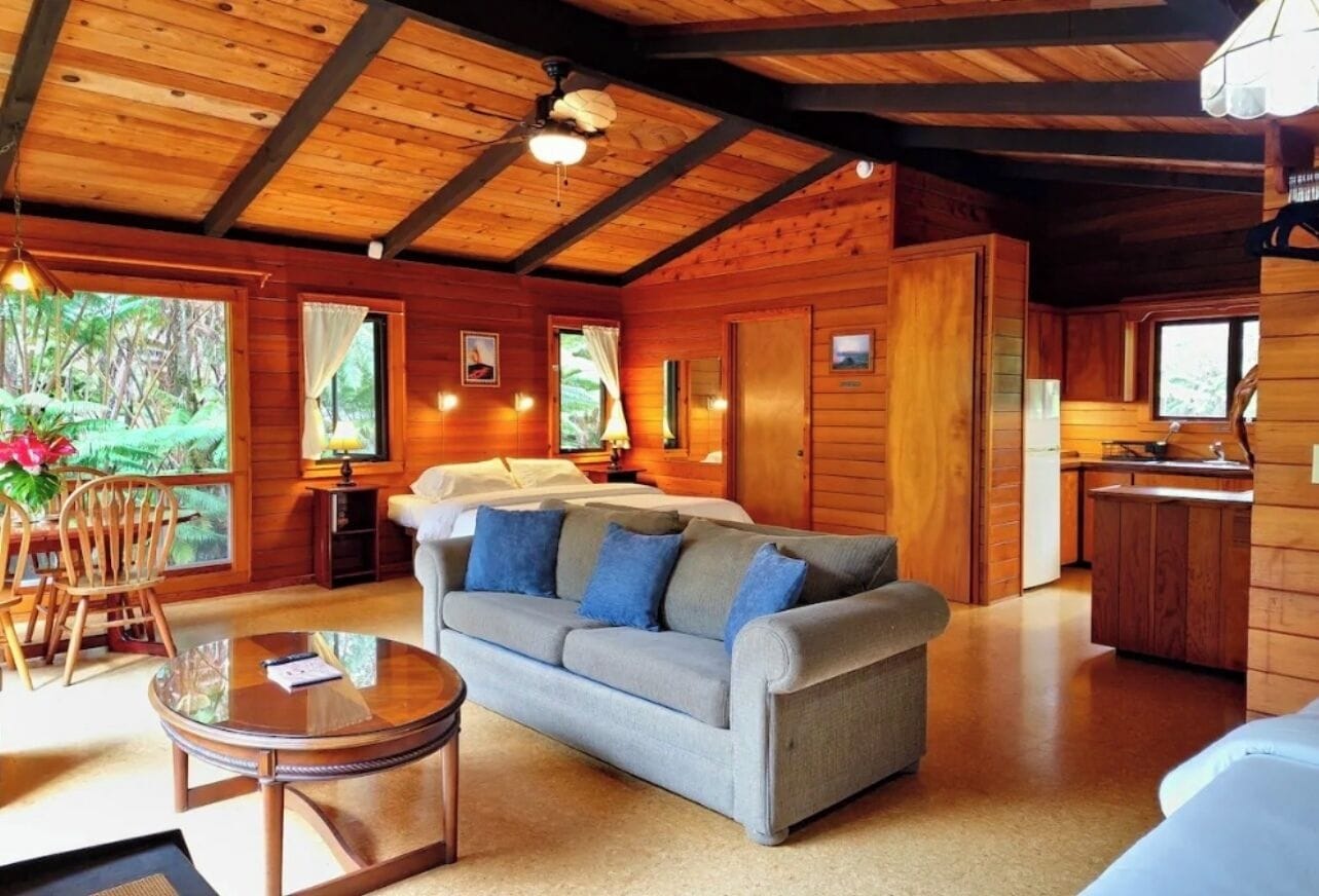 A cabin interior with a sofa, dining table, and kitchen area.