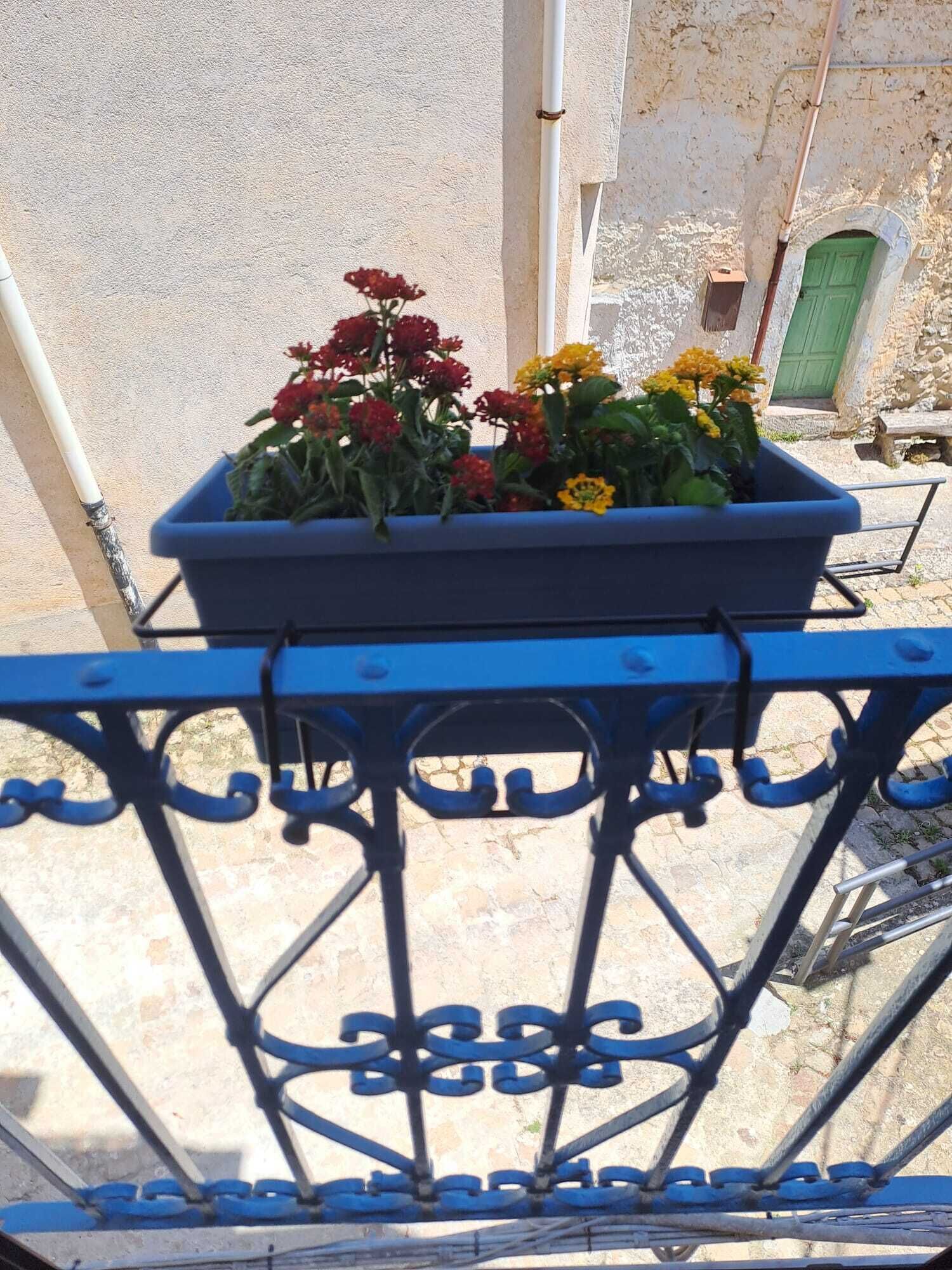 Un balcon avec une balustrade en métal bleu, un pot de fleurs contenant des fleurs rouges et jaunes, et un mur de pierre en arrière-plan.