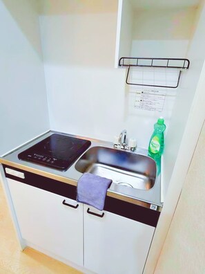 Une petite cuisine équipée avec une plaque de cuisson à induction noire, un évier en acier inoxydable et un flacon de liquide vaisselle vert.