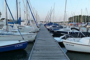 A marina with multiple sailboats docked along a wooden pier. - Holiday home with 1 bedroom (Kamperland)