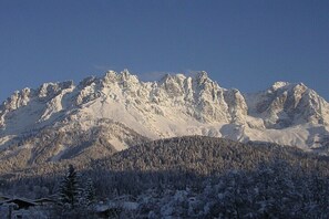 Ein verschneites Gebirge mit einem bewaldeten Tal.