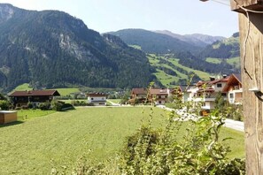 Ein Bergdorf mit Häusern, einem grünen Feld und bewaldeten Hügeln im Hintergrund.