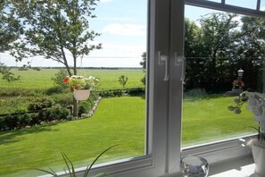 A window with a view of a well-maintained lawn, a hanging flower pot, and a potted plant on the windowsill. - Holiday apartment with 2 bedrooms (Langenhorn)