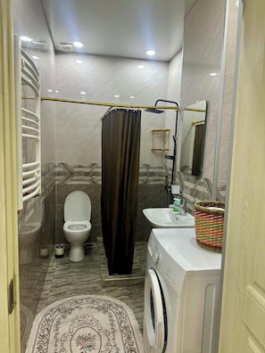 Une salle de bain équipée de toilettes, d’une douche, d’un lavabo et d’un lave-linge.