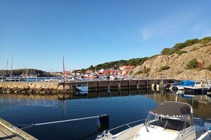 En lysthavn med fortøjede både, en mole og bygninger i baggrunden.