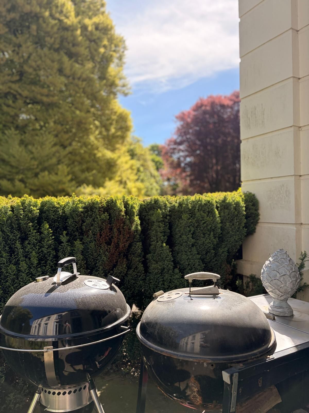 Deux barbecues couverts sur une terrasse, avec une haie et un bâtiment en arrière-plan.
