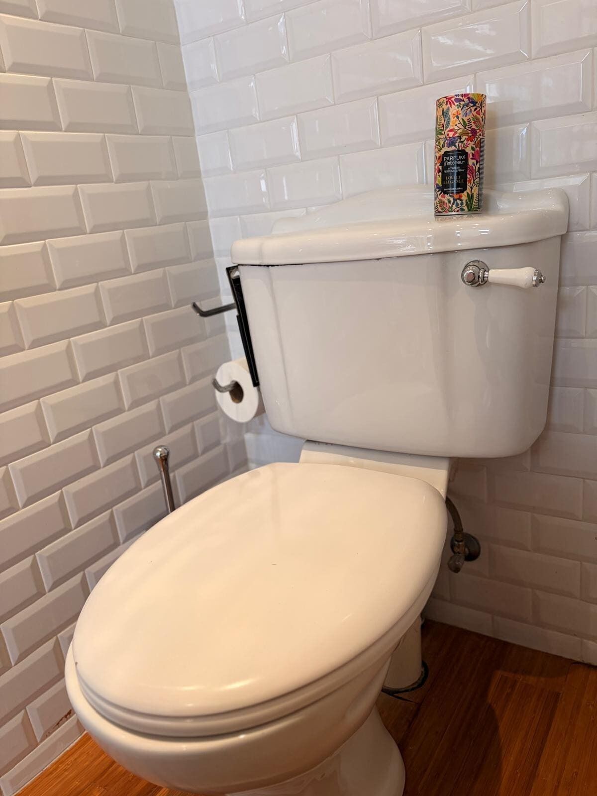 Een toilet met een witte deksel en tank, een rol toiletpapier en een toiletborstel.