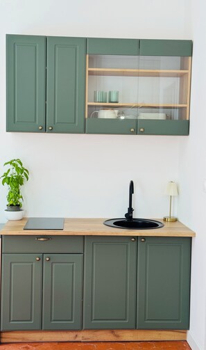 A kitchen with green cabinets, a wooden countertop, a black sink, a potted plant, and a lamp. - Charming, renovated apartment in the heart of Arles (Arles)