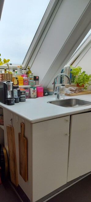 A kitchen with a sink, various food items, and a window.