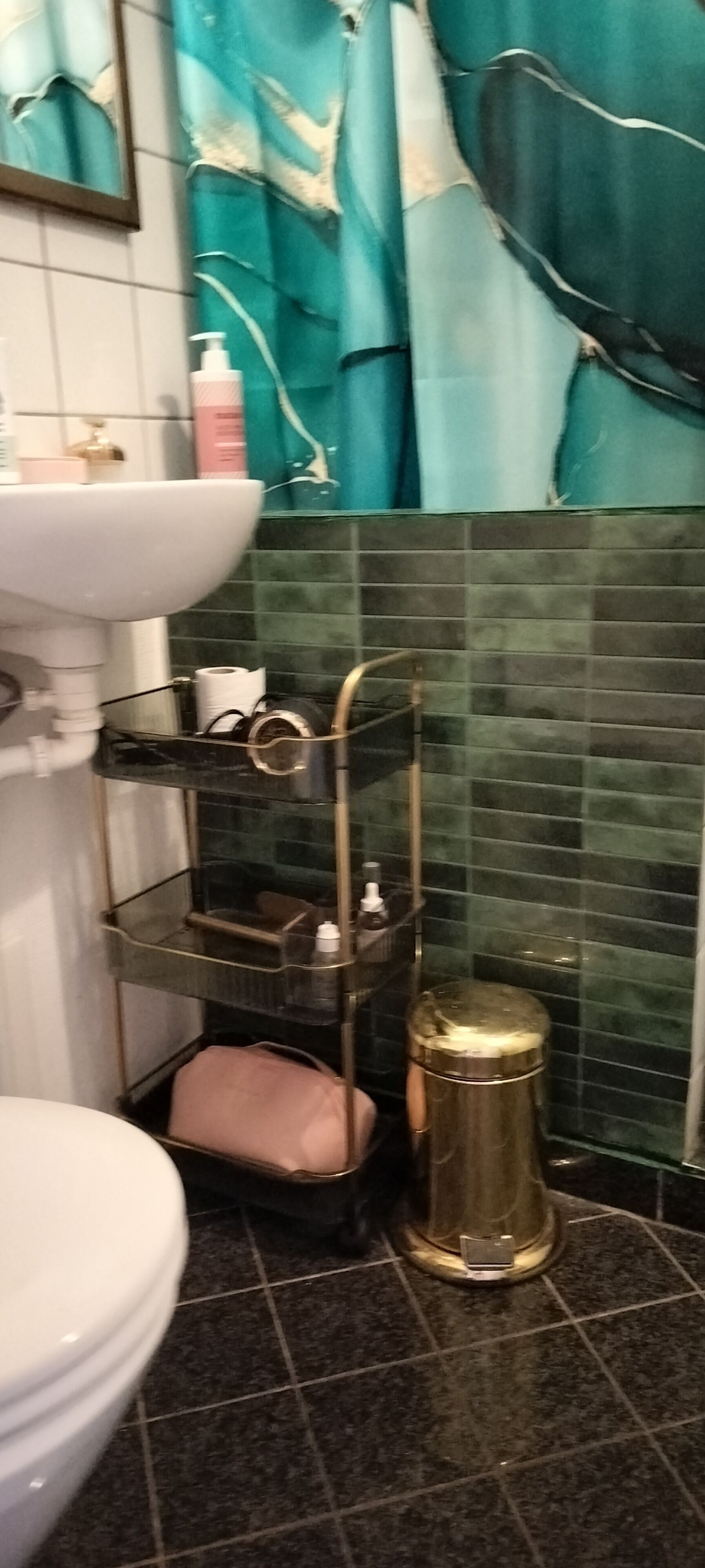 A bathroom with a sink, toilet, and a shelf with toiletries.