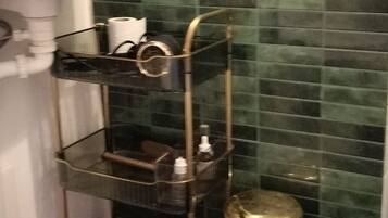 A bathroom with a sink, toilet, and a shelf with toiletries.