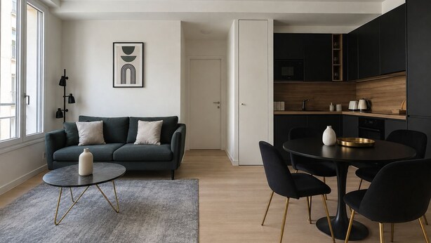 A modern living space with a sofa, coffee table, and dining area. - Magnifique 2 pieces a Issy lesMoulineaux (Vanves)