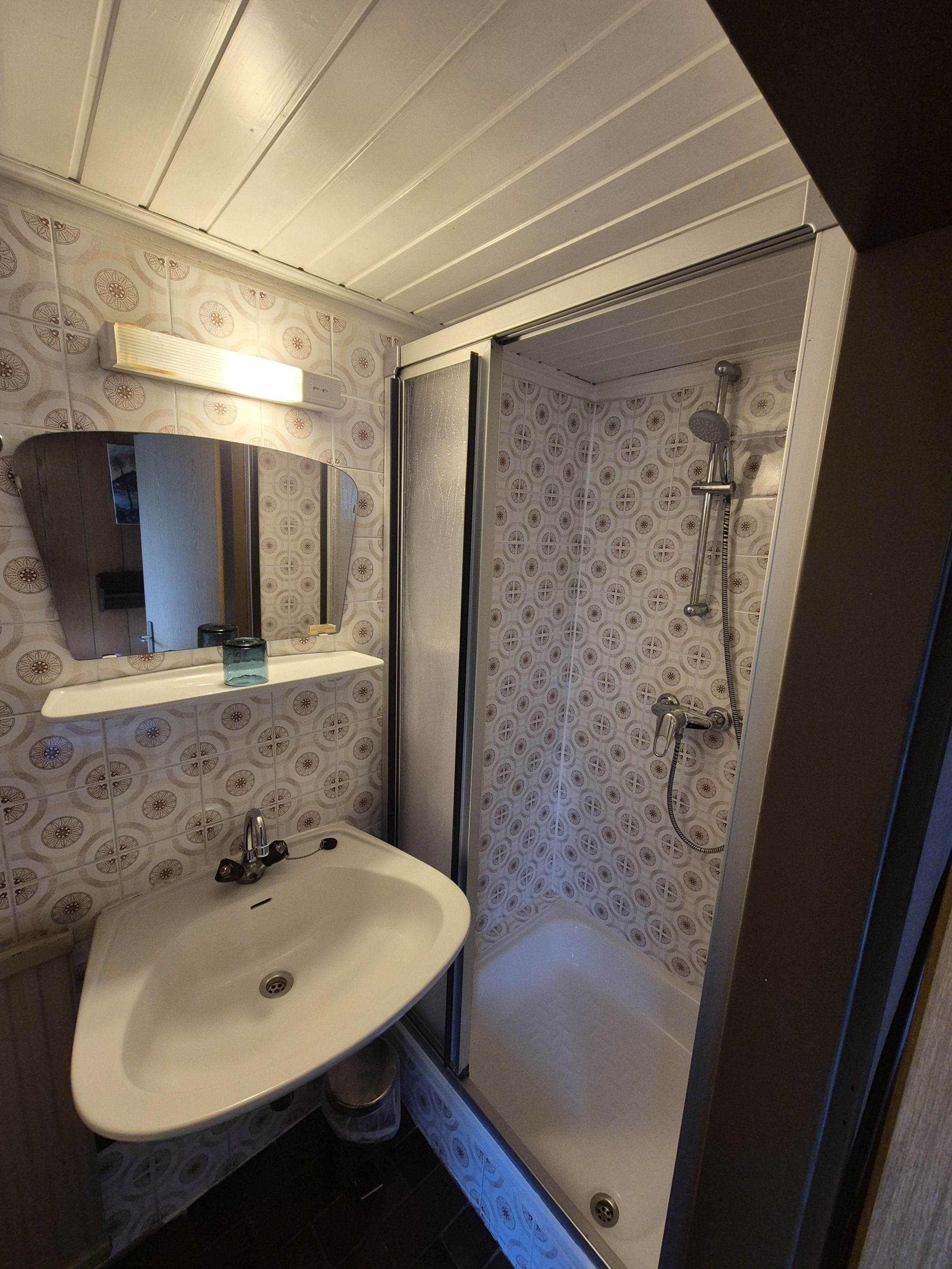 A bathroom with a shower, sink, and mirror.
