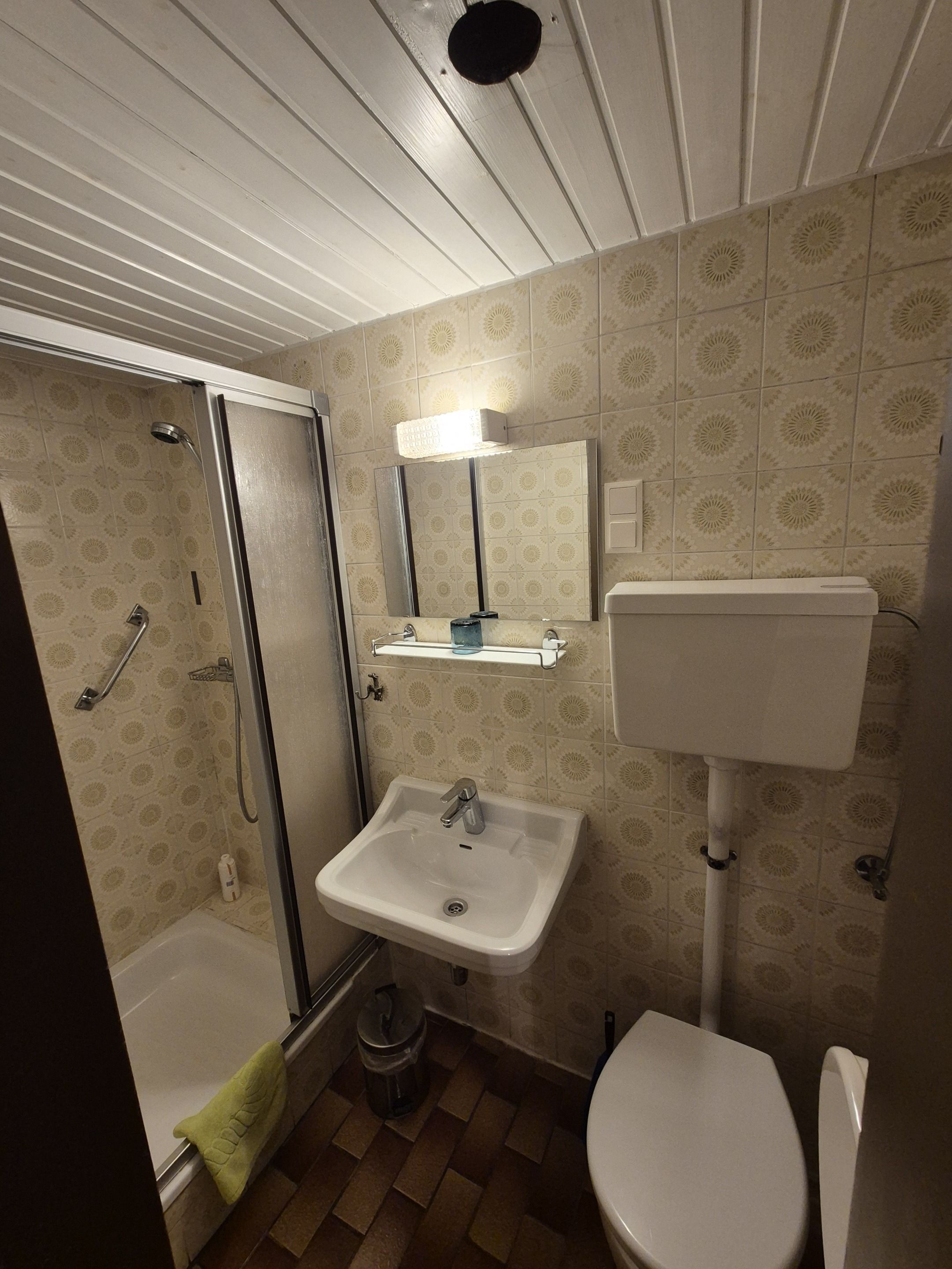 Un baño con ducha, lavabo, inodoro y espejo.