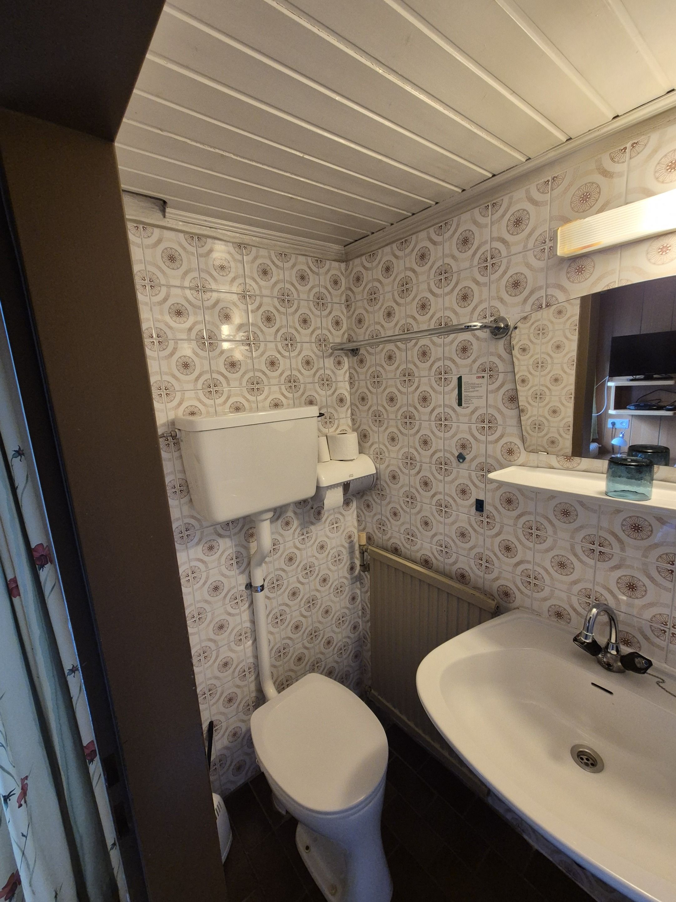 Un baño con inodoro, lavamanos y zona de ducha.