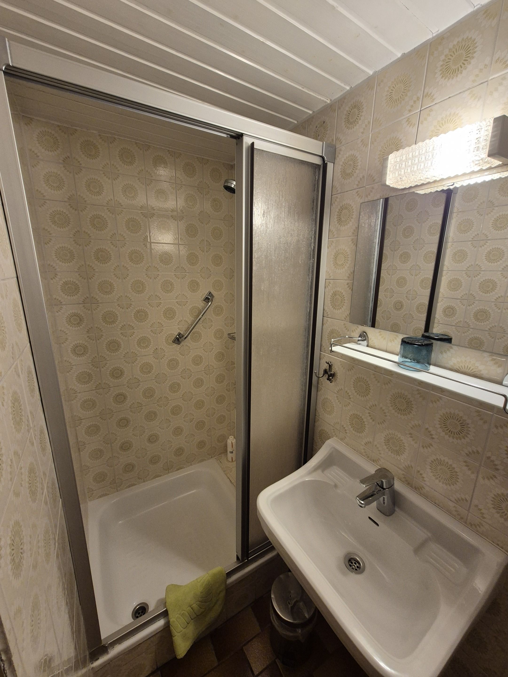A bathroom with a shower enclosure, a sink, and a mirror.