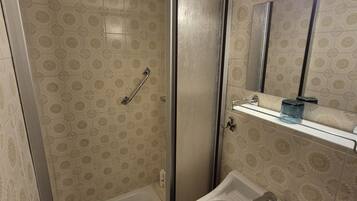 A bathroom with a shower enclosure, a sink, and a mirror.