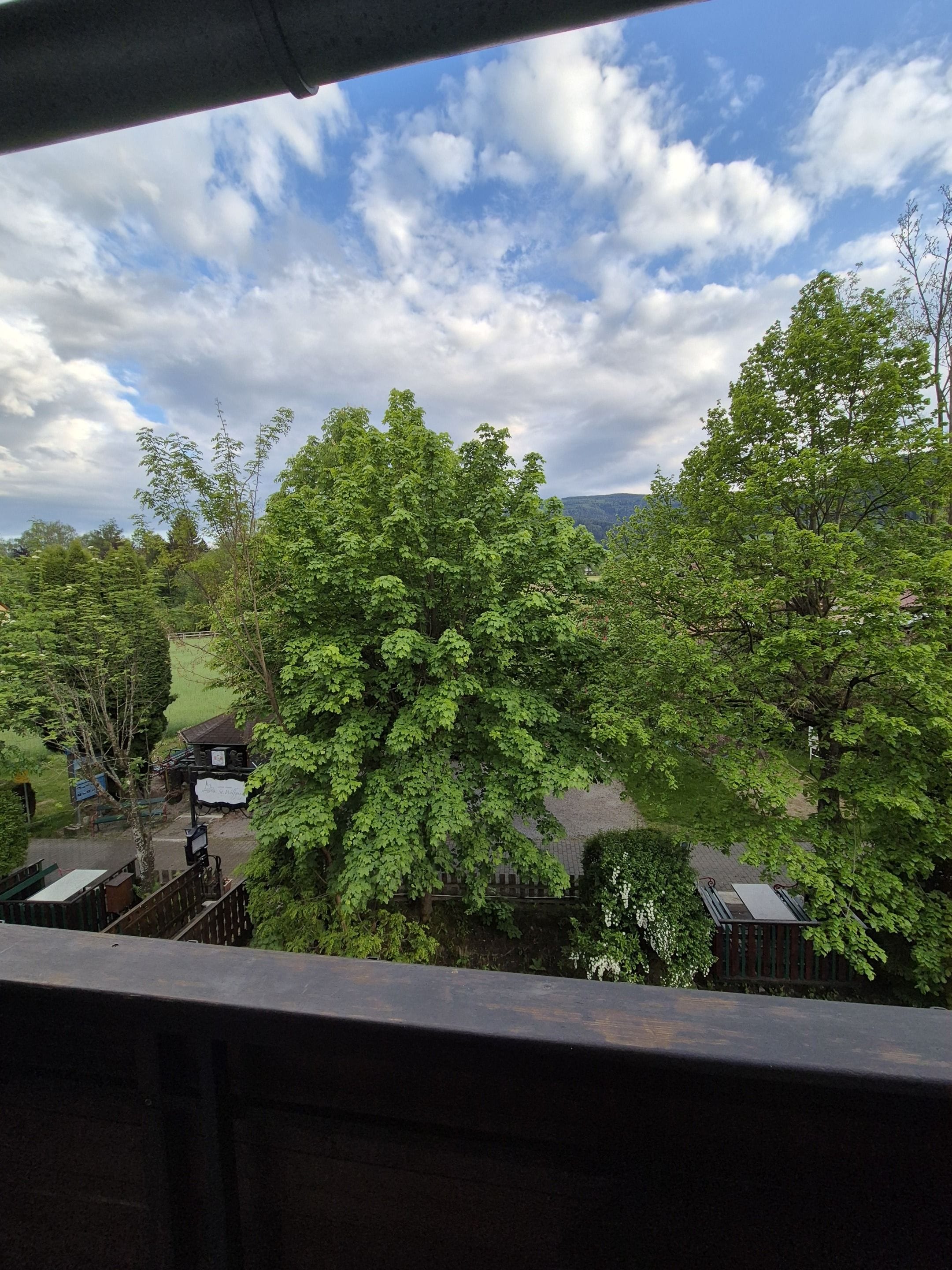 A view from a balcony overlooking a lush green landscape with trees and a distant mountain range.
