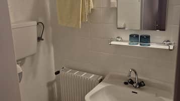 Un baño con inodoro, lavamanos, espejo, toallero y radiador.