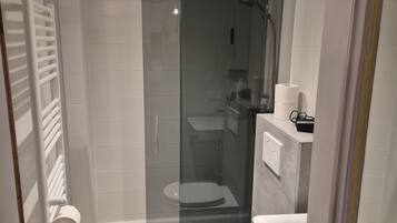 A modern bathroom with a glass-enclosed shower, a toilet, and a sink.