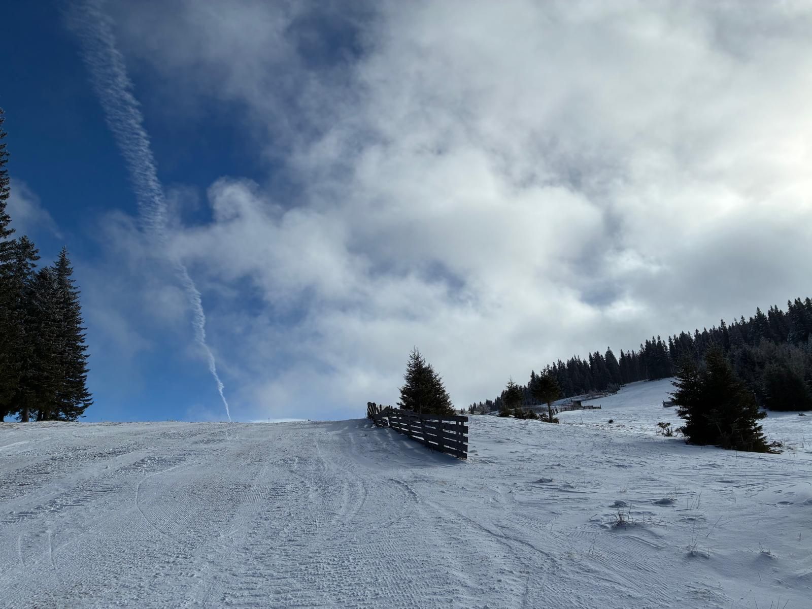 Un paisaje nevado con cielo despejado, una valla de madera y un bosque al fondo.
