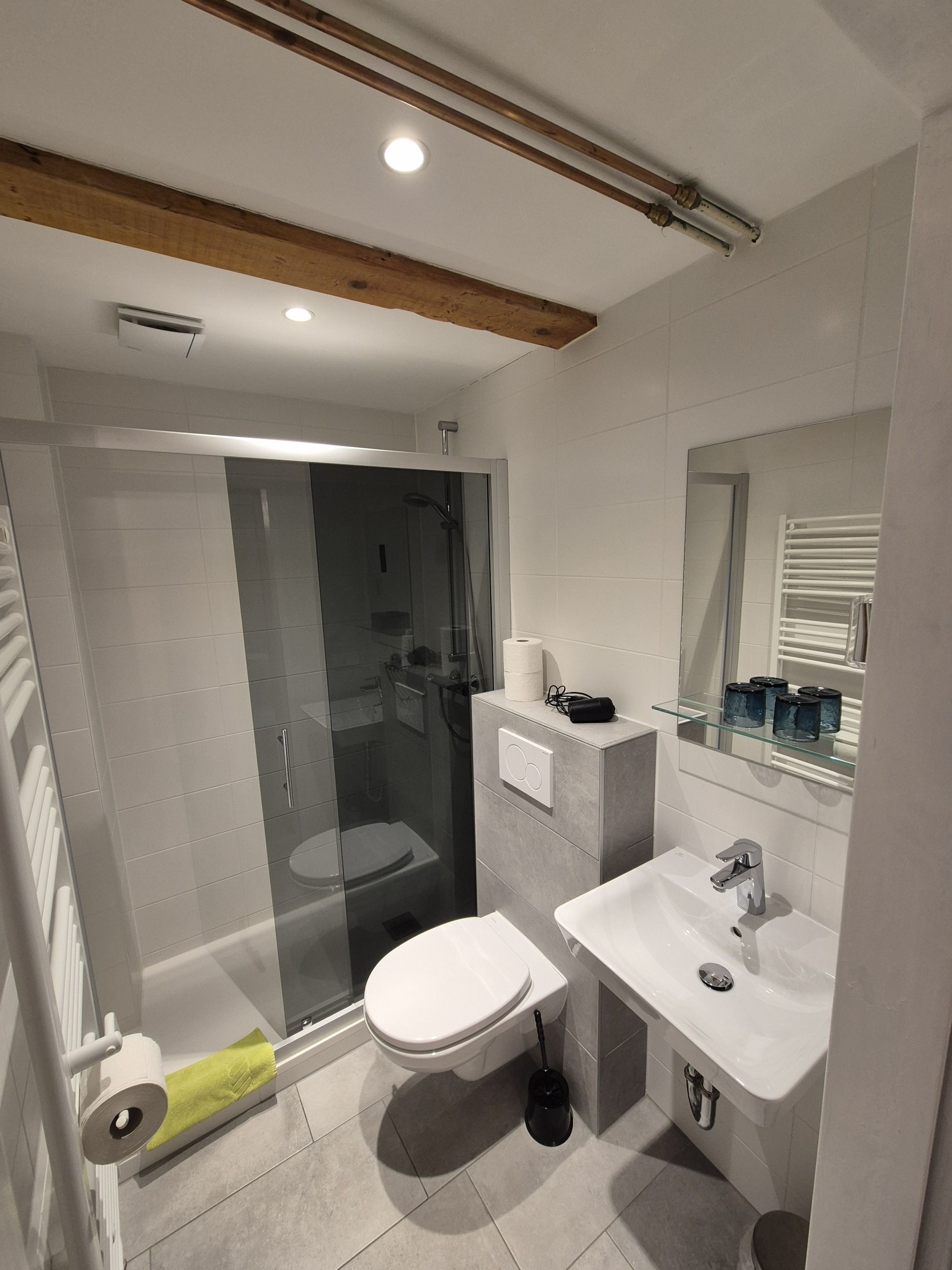 Un baño moderno con ducha envuelta en vidrio, inodoro, lavamanos y espejo.