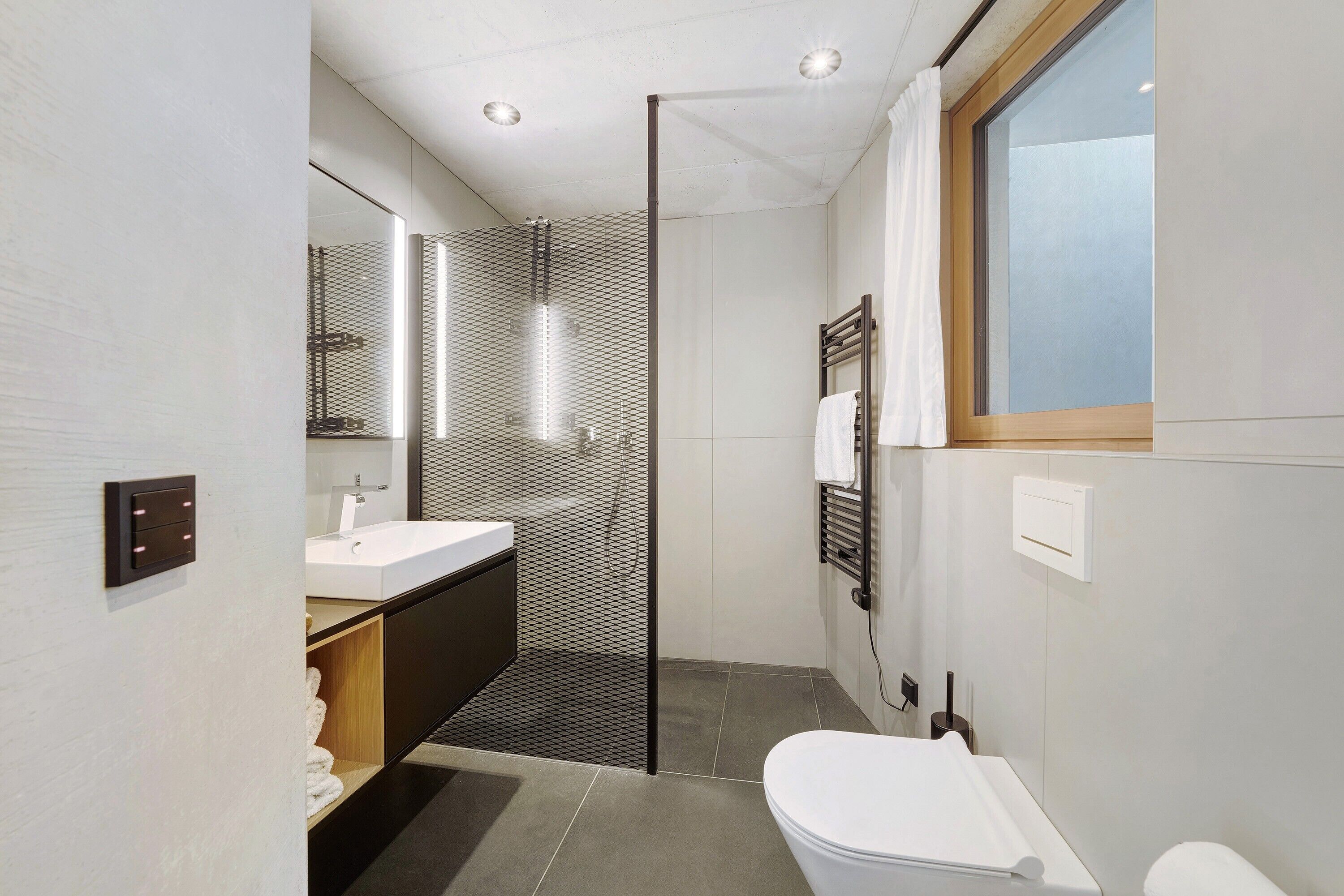 Un baño moderno con ducha, inodoro y lavabo.