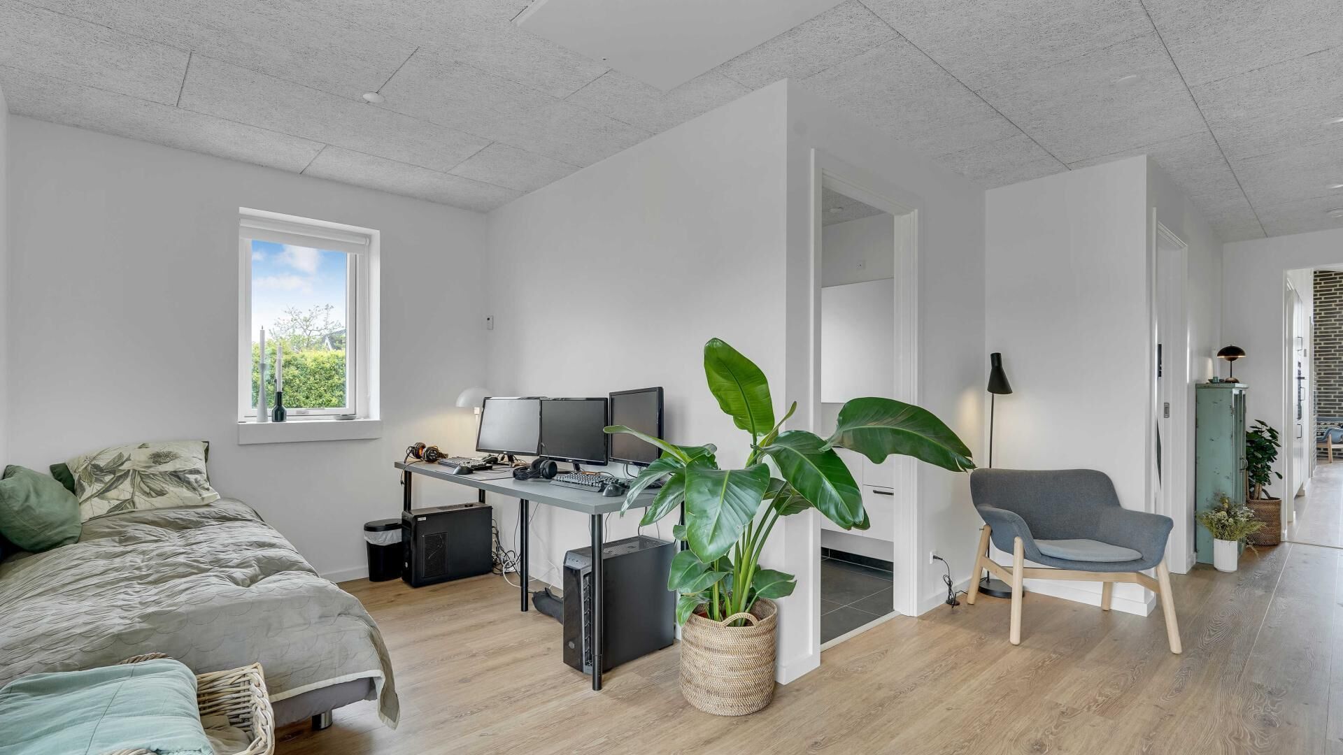 Un dormitorio moderno con cama, escritorio, equipo de cómputo y una planta grande.