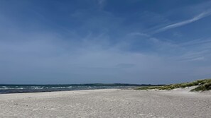 Una playa con cielo despejado y océano.