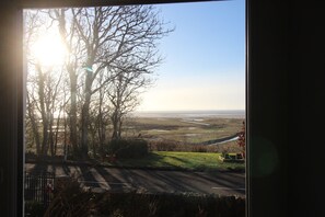 Blick durch ein Fenster auf kahlstehende Bäume, eine Straße und eine ferne Landschaft.