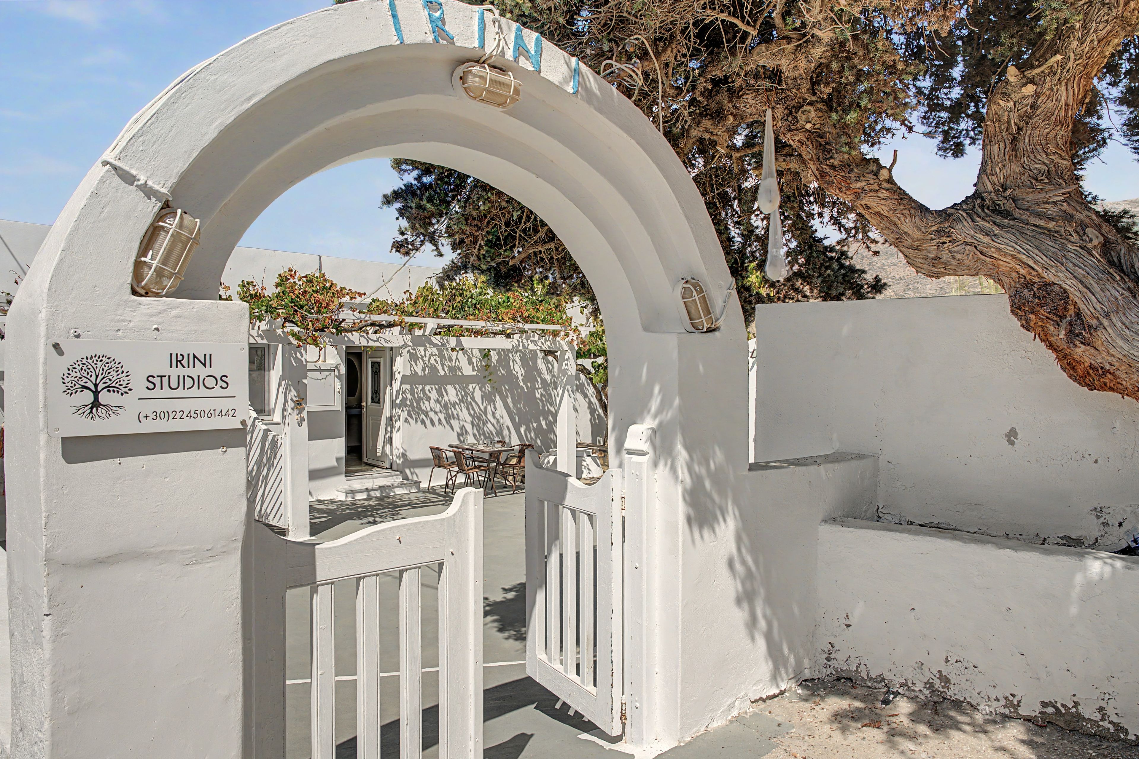 A white arched entrance with a sign for 'IRI N STUDIOS' and a tree logo.