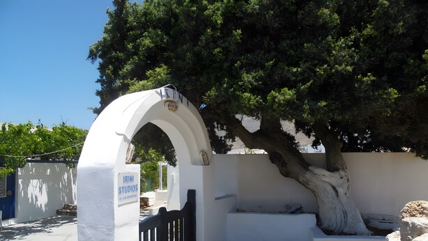 Un edificio blanco con una verja negra, un arco y un árbol.