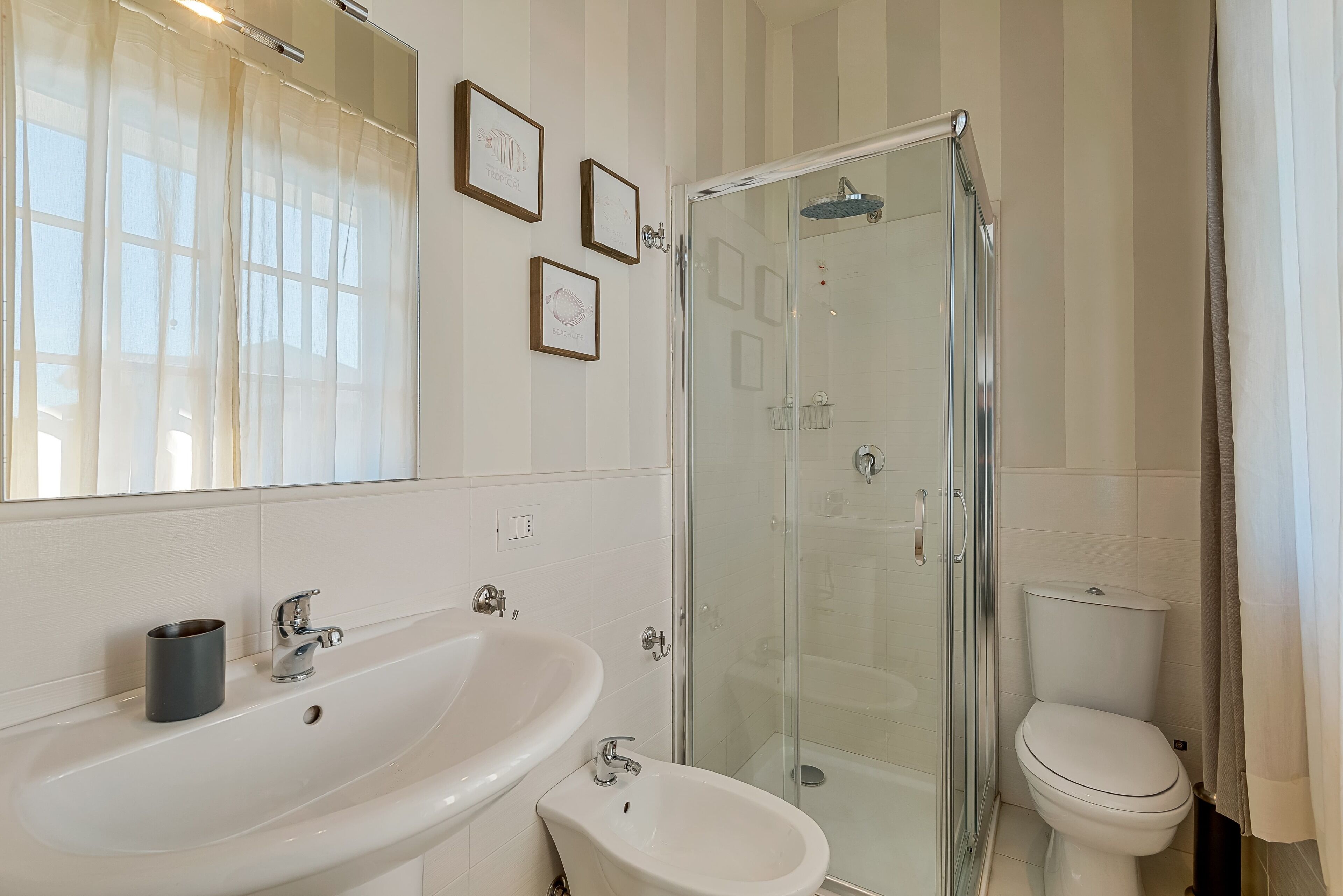 Shower, jetted tub, hair dryer, bidet
