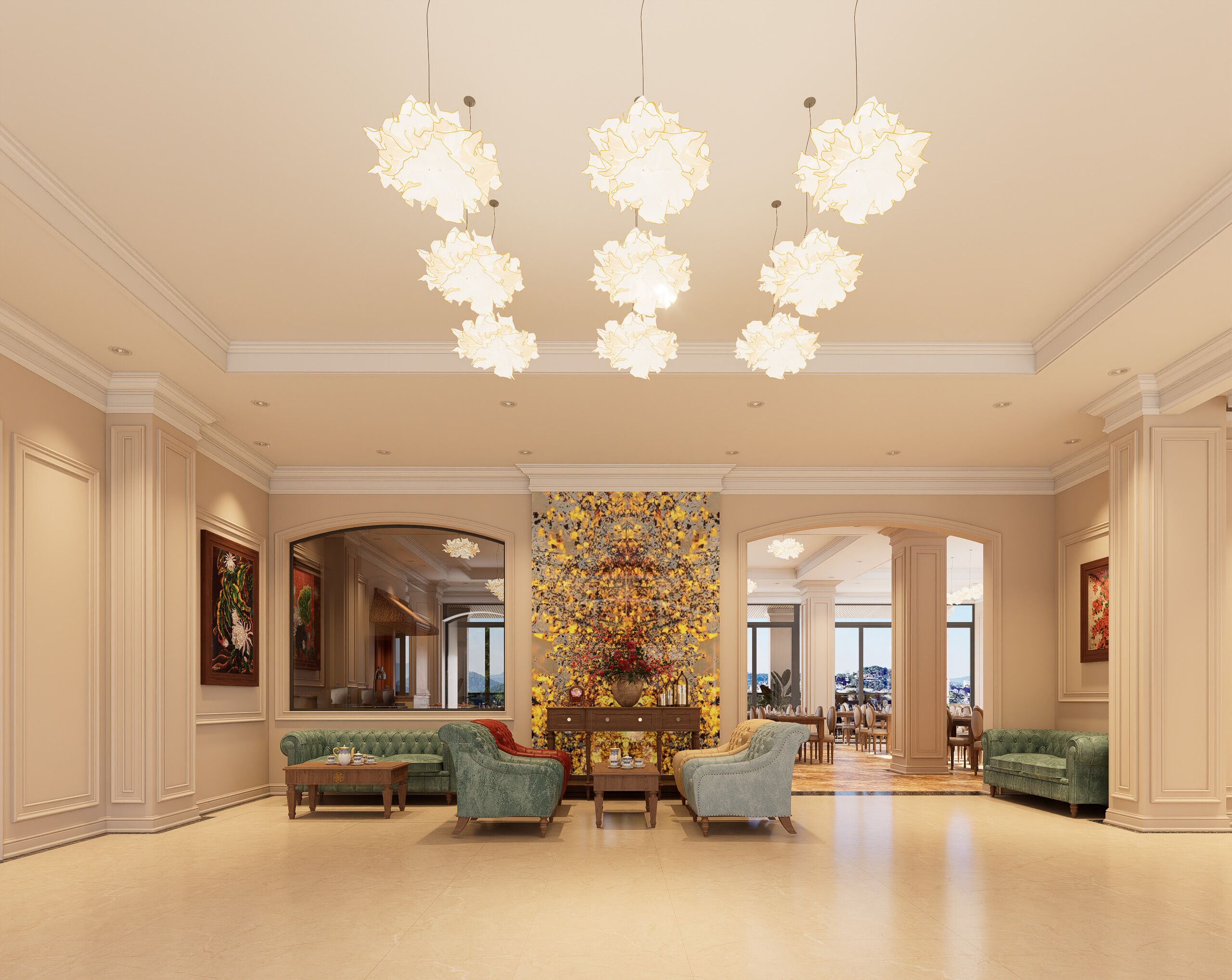 Un vestíbulo amplio con techo alto, muebles elegantes y una gran decoración floral en la pared.
