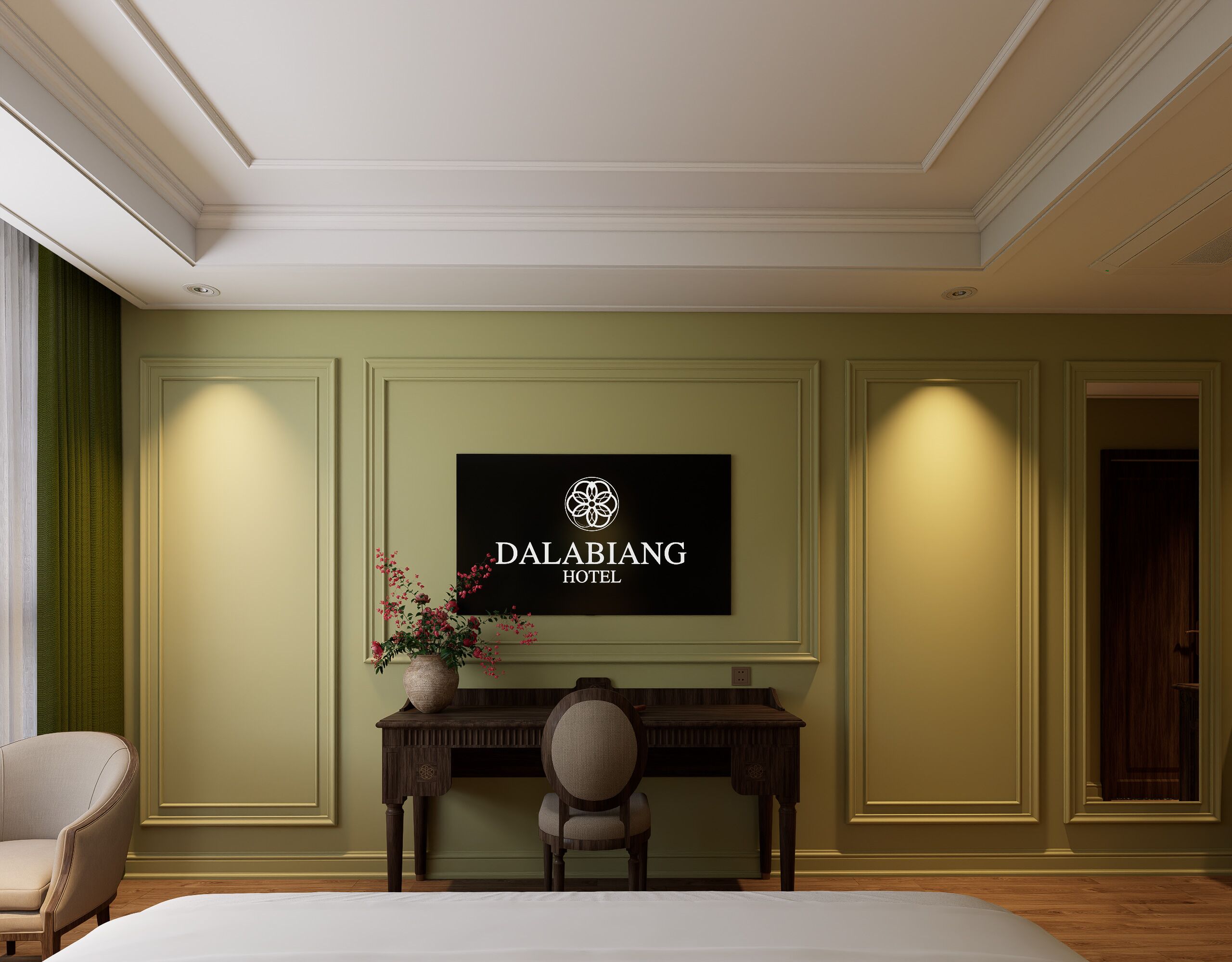 A hotel room with a bed, a desk with a chair, a potted plant, and a wall-mounted sign.