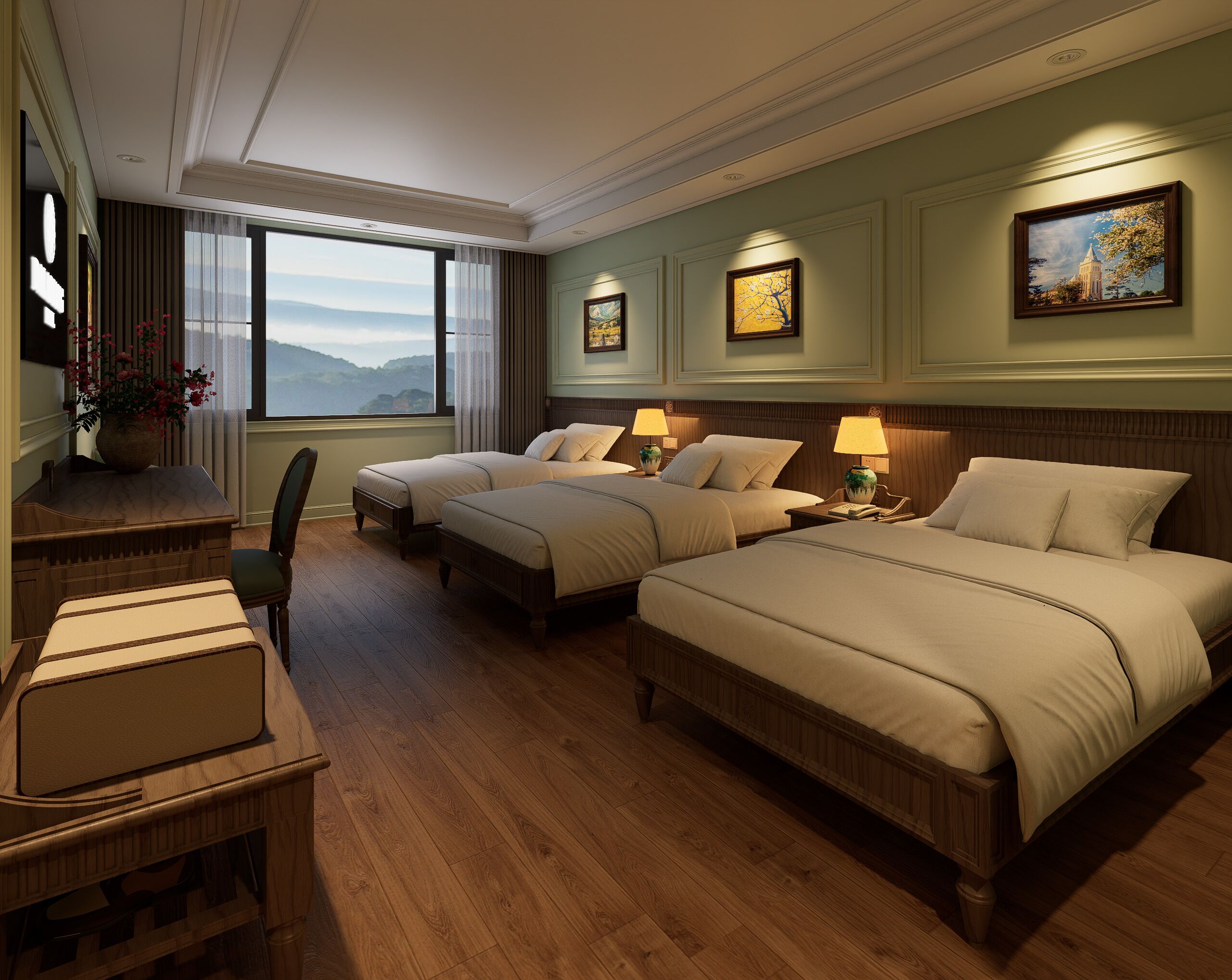 A hotel room with two beds, a desk, and a chair.