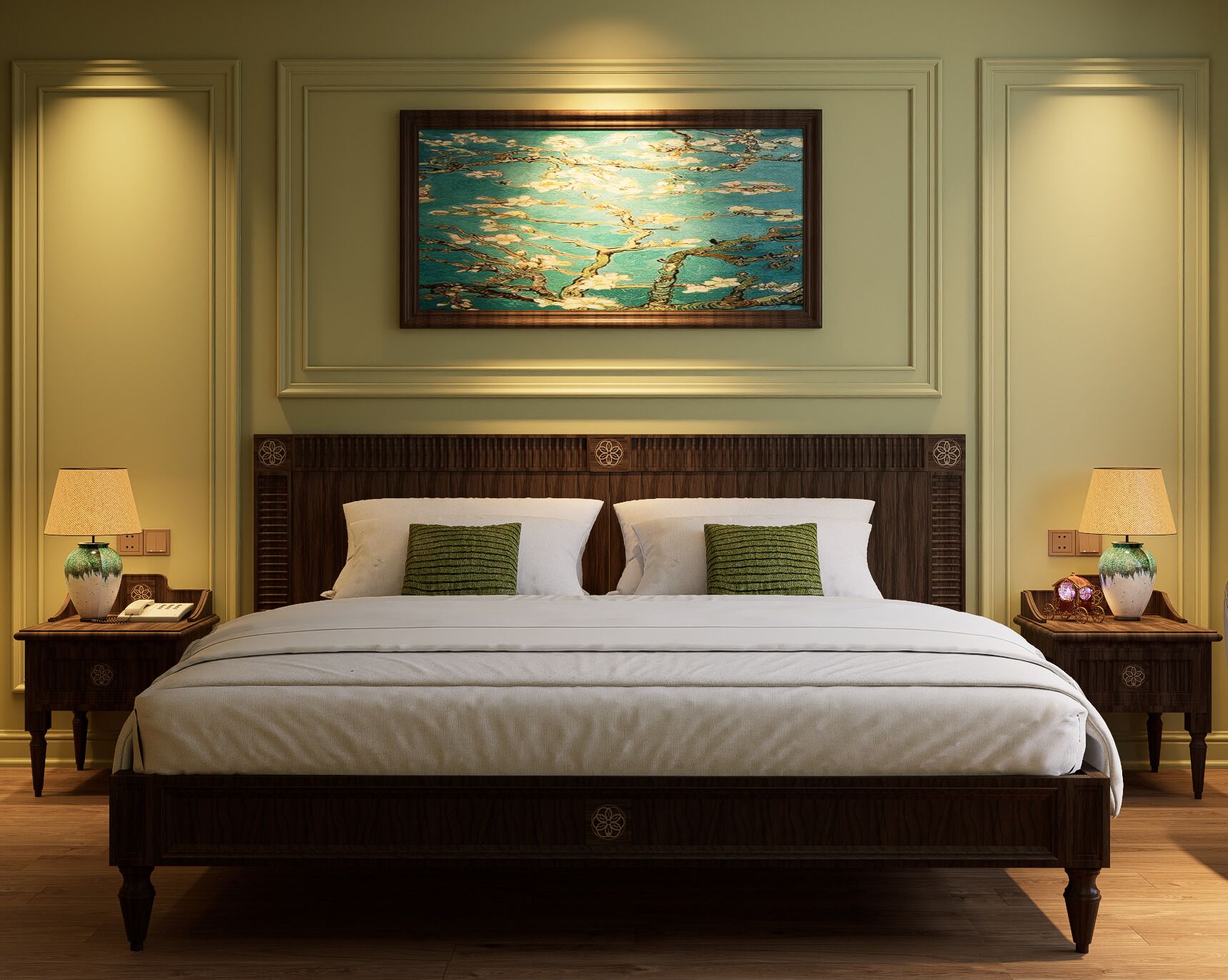 A large bed with a wooden headboard, two nightstands with lamps, and a painting above the bed.