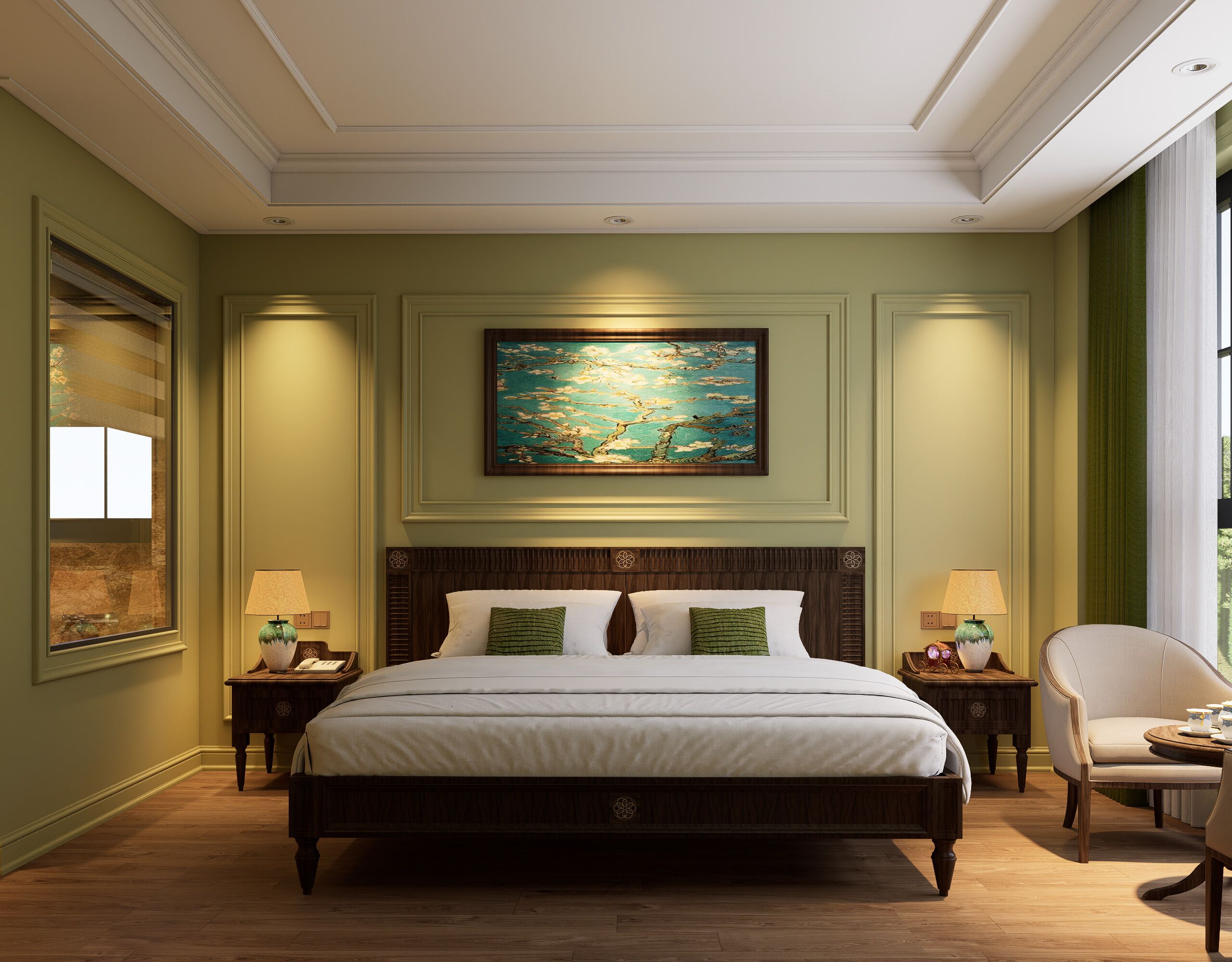 A bedroom with a large bed, two bedside tables, a chair, a painting, and a window with curtains.
