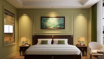 A bedroom with a large bed, two bedside tables, a chair, a painting, and a window with curtains.